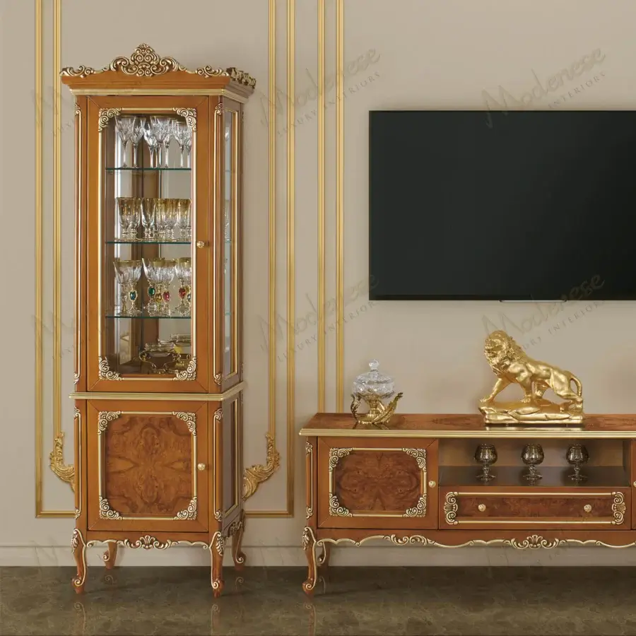 Superior Modenese Timeless Grace cupboard crafted with walnut finish, gold leaf accents and hand-carved floral motifs