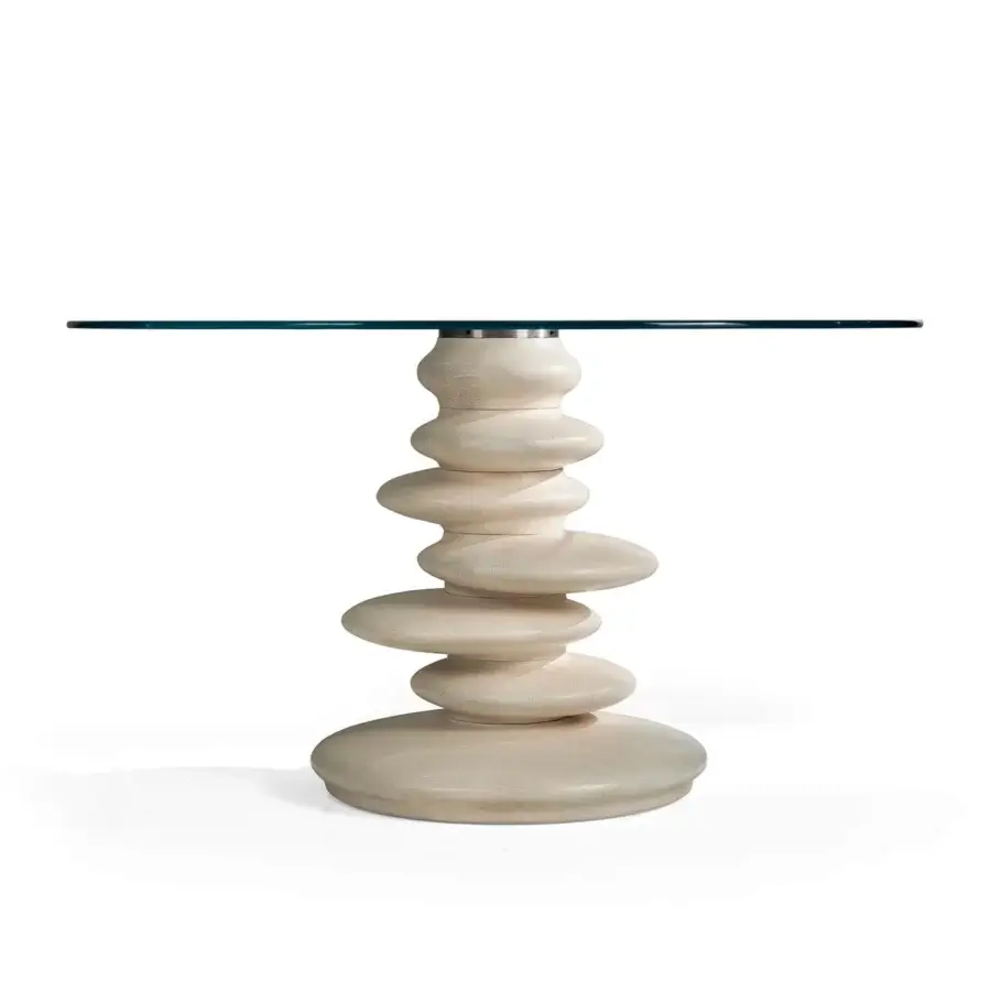 Exceptional Zanaboni Ometto table crafted in light-toned wood with a satin finish and supported by a clear glass top