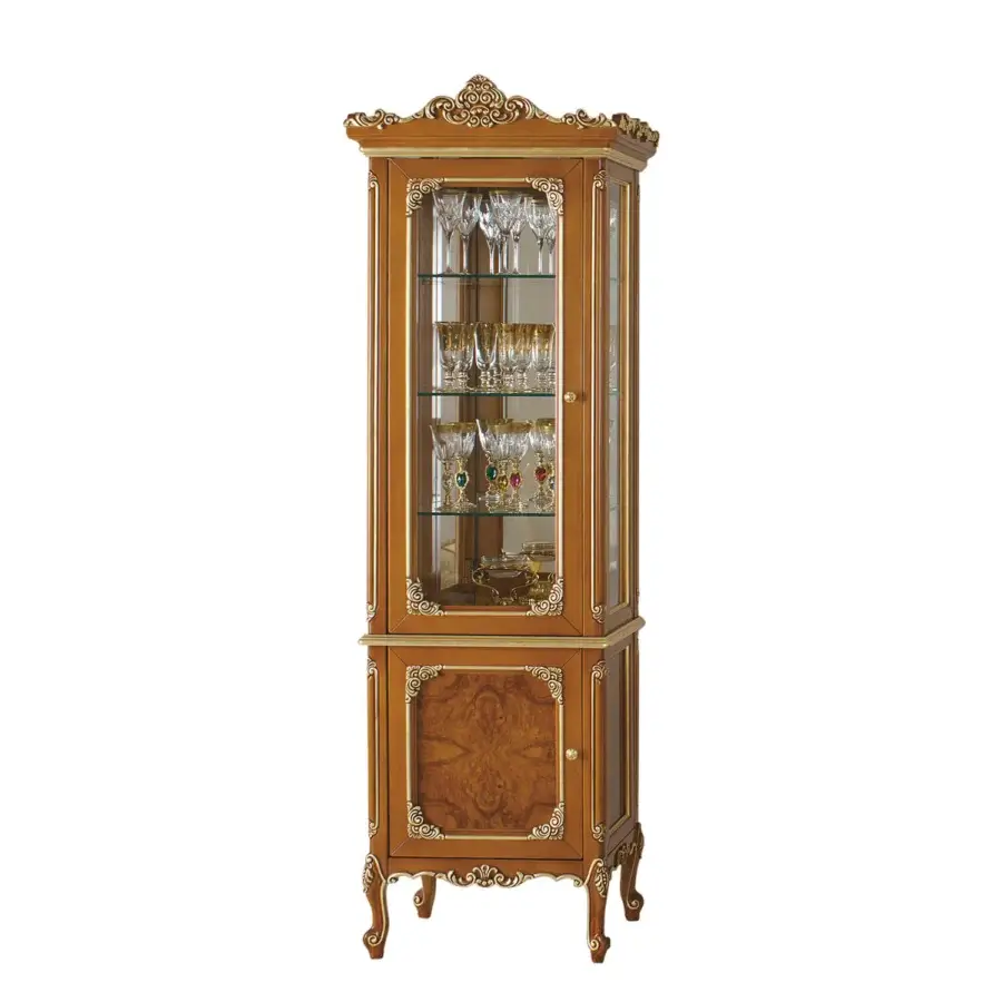 Exclusive Modenese Timeless Grace cupboard with walnut finish and hand-carved details accented by gold leaf