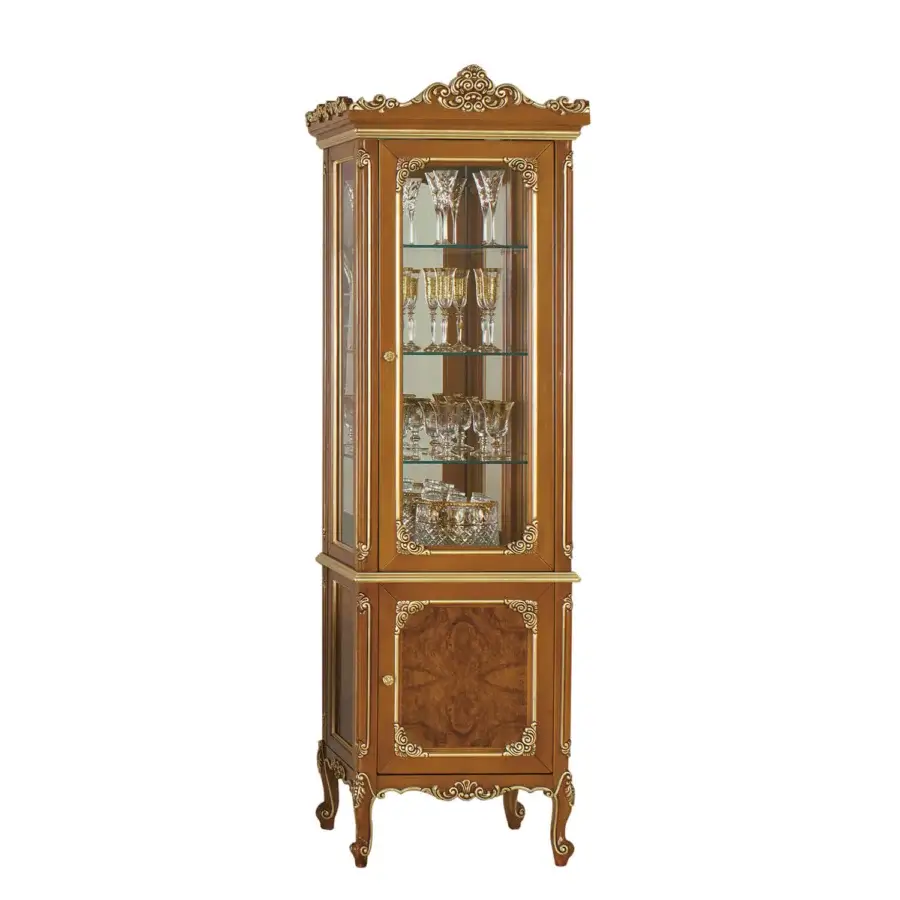 Distinguished Modenese Timeless Grace cupboard crafted in walnut with gold leaf detailing and hand-carved accents