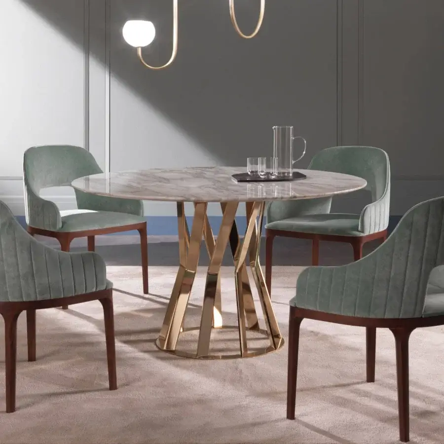 Superior Zanaboni Ray round table with a circular marble top and polished bronzed metal articulated base