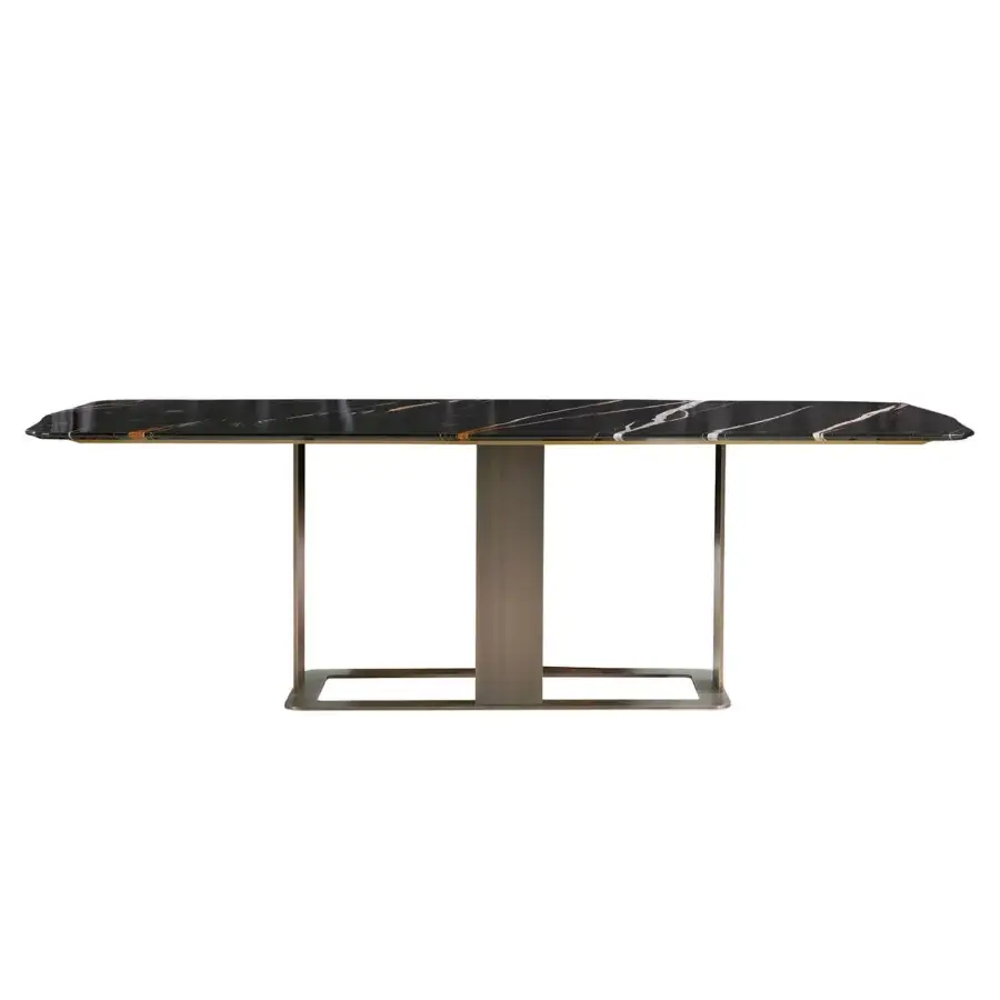 Lavish Zanaboni Romance table crafted in black Sahara marble with dramatic white veining and a bronzed brass base with a polished finish