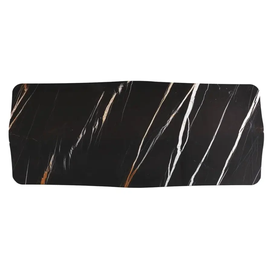 Superior Zanaboni Romance table crafted in black Sahara marble with dramatic white and golden veining plus a polished bronzed brass base