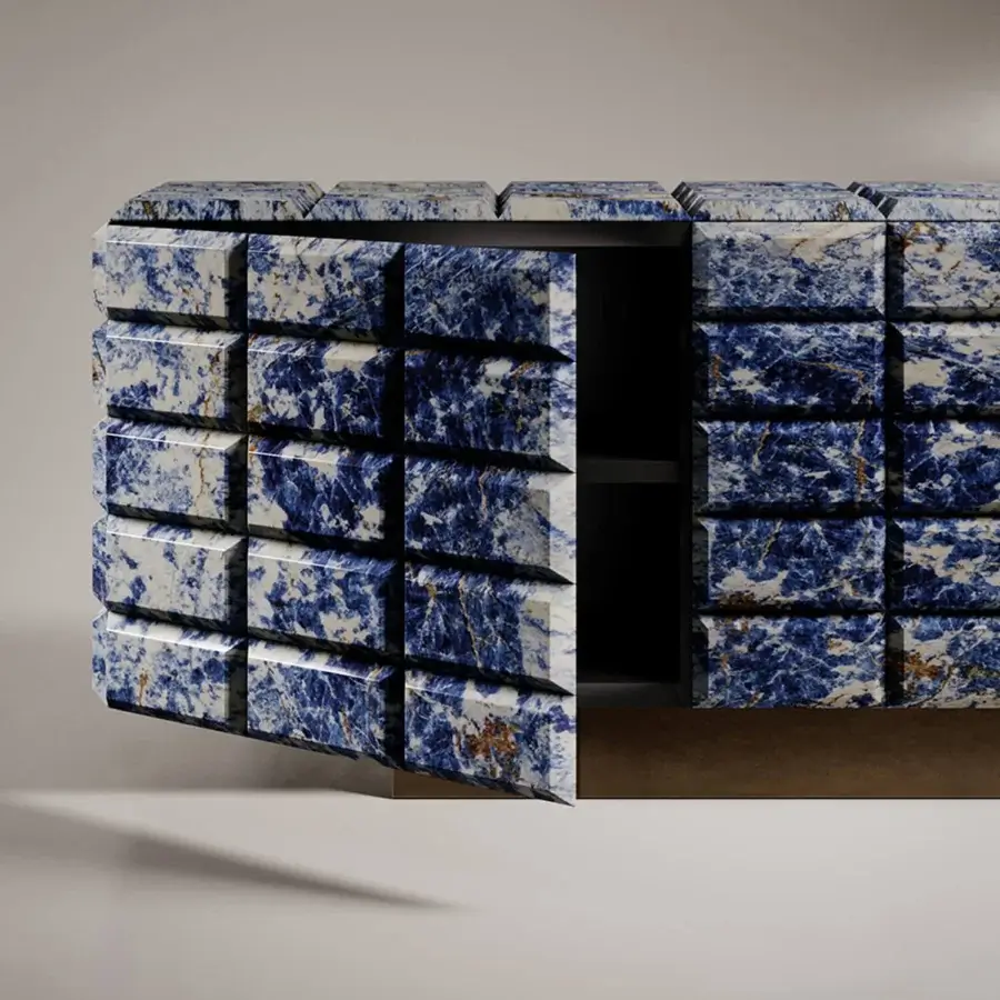 Superior VENICEM Star sideboard crafted in polished blue marble heavily veined with white and gold, supported by a solid metal base