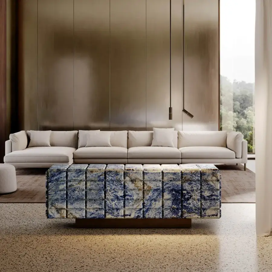 Distinguished VENICEM Star sideboard crafted in blue and gold patterned marble with a dark-toned metal base and polished surface