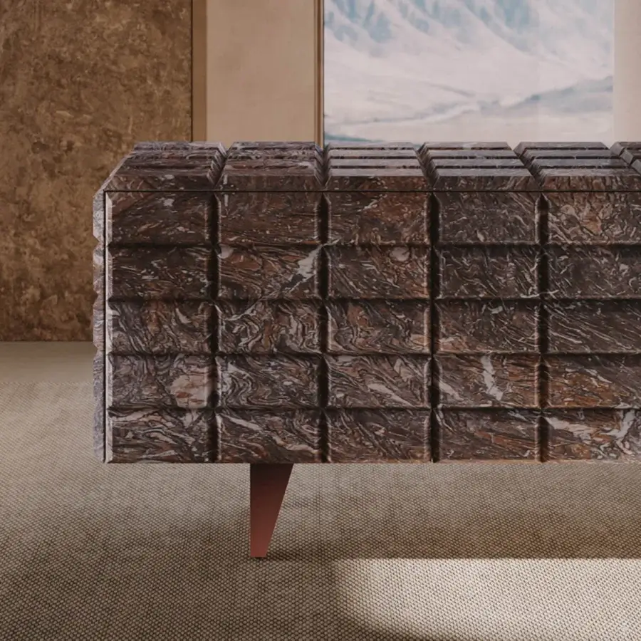 Exceptional VENICEM Star sideboard crafted in marble with dark reddish-brown and cream veining and matte finish