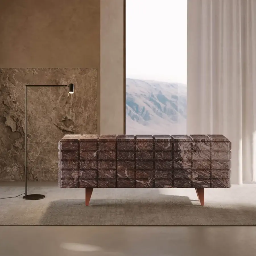 Distinguished VENICEM Star sideboard crafted in reddish-brown marble with a polished finish and a solid metal base