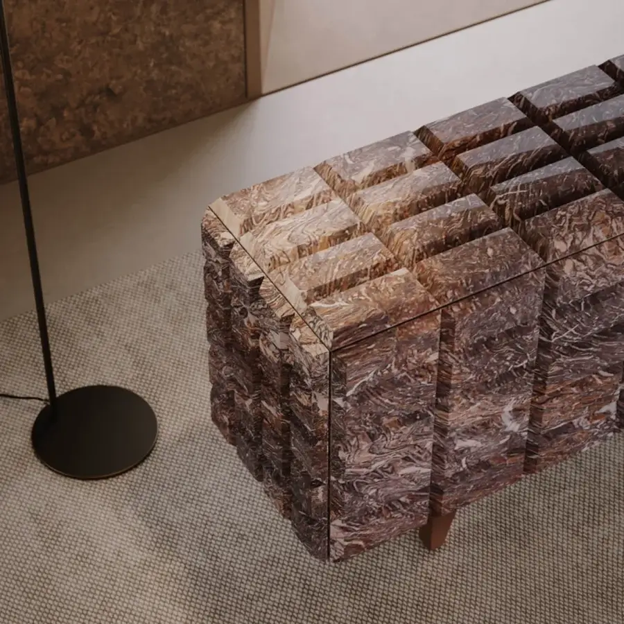 Superior VENICEM Star sideboard crafted in reddish-brown marbled wood with a textured stacked block design and metal base