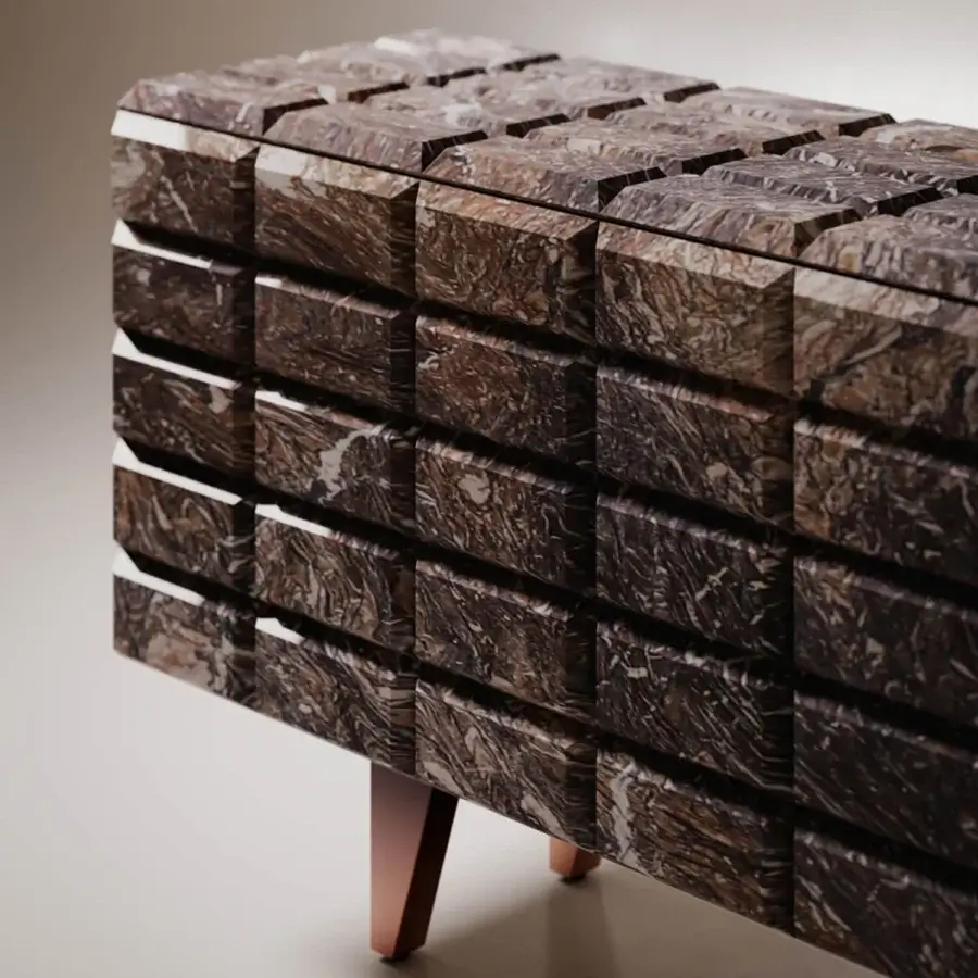Distinguished VENICEM Star sideboard crafted from marble with a textured, dark-toned stone facade and a solid metal base