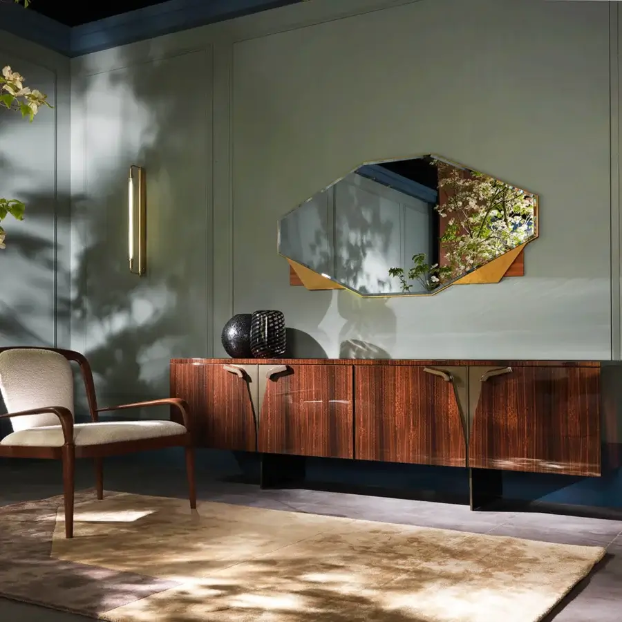 Superior Zanaboni Romance sideboard crafted from wood with glossy finish and sleek dark detailing with brass-colored handles