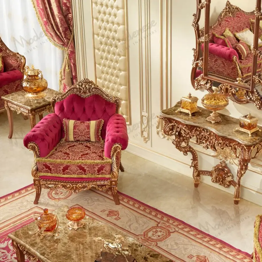 Exceptional Modenese Rubino Delight lounge chair upholstered in ruby-red velvet with gold damask and gilded hand-carved wood frame