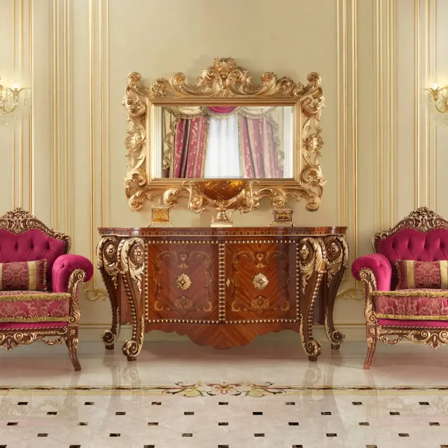 Distinguished Modenese Rubino Delight lounge chair upholstered in ruby-red velvet with gold damask detailing and gold leaf finish