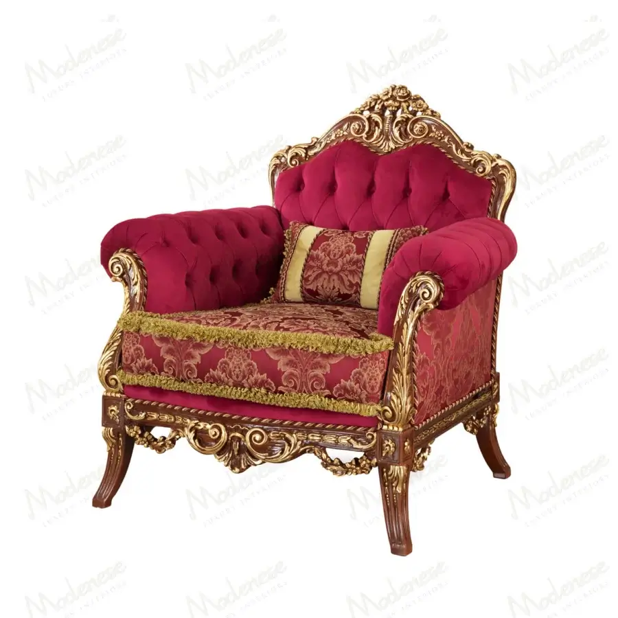 Exceptional Modenese Rubino Delight lounge chair upholstered in ruby-red velvet with gold leaf crafted wooden frame