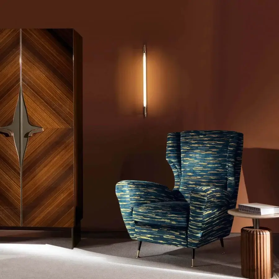 Architectural Zanaboni Romance cupboard crafted from glossy eucalyptus wood with bronzed lux metal and starburst hardware