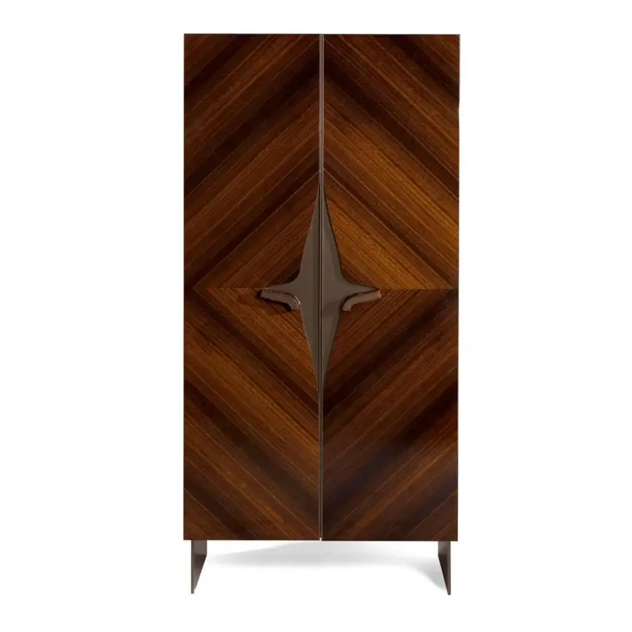 Elegant Zanaboni Romance cupboard crafted with glossy eucalyptus wood, bronzed lux metal, leather bottle racks and integrated lighting