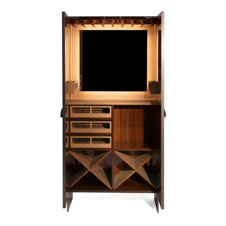 Architectural Zanaboni Romance cupboard crafted with glossy dark brown eucalyptus wood and bronzed lux metal frame with leather accents