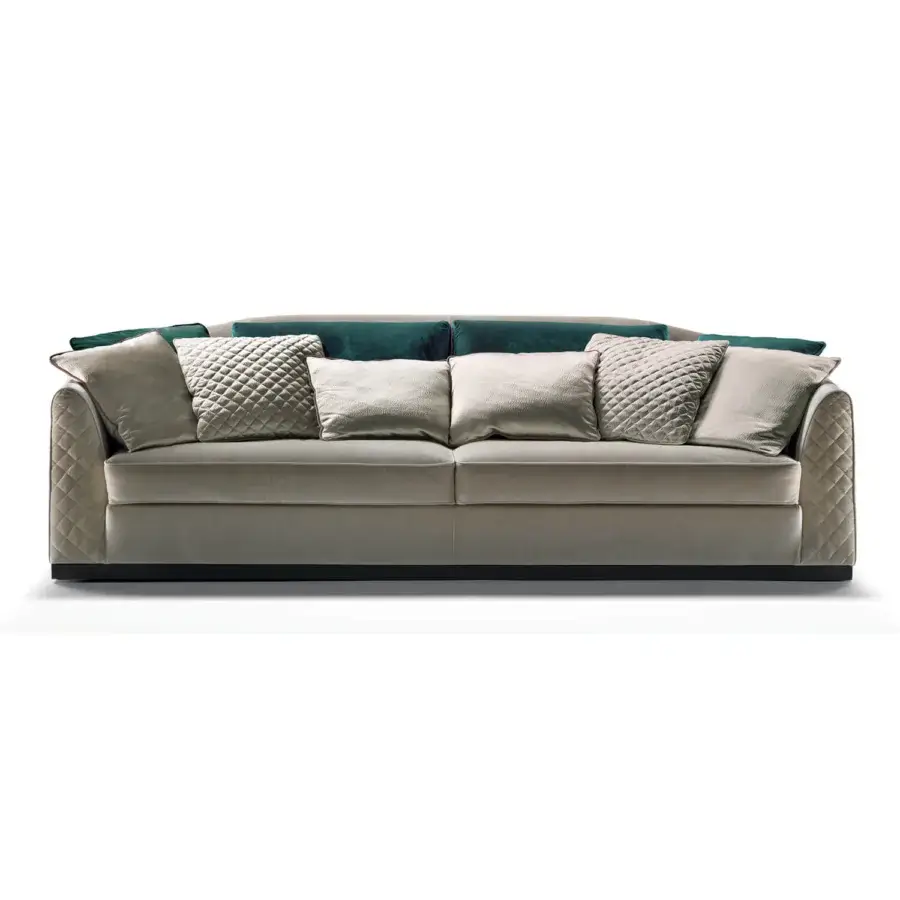Captivating Zanaboni Santiago sofa crafted in mocha-stained wood with plush matte beige textile and curated teal gray cushions