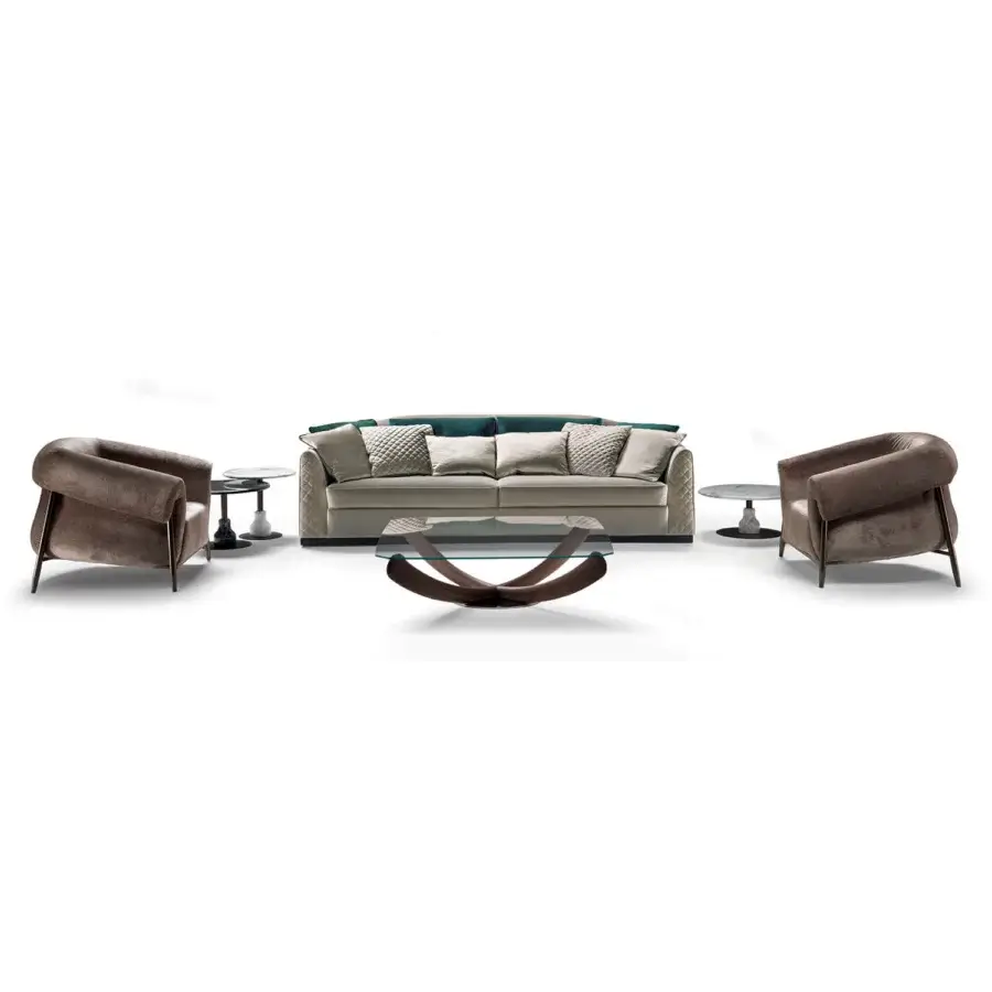 Superior Zanaboni Santiago sofa crafted in mocha-stained wood with quilted neutral beige textile and striking teal accents