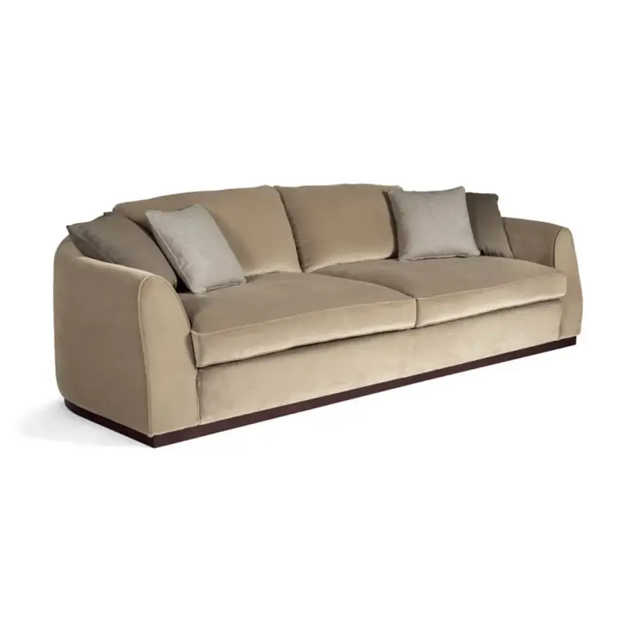 Distinguished Zanaboni Santiago sofa crafted in textured matte-finish velvet with a mocha-stained wooden base and heathered gray cushions