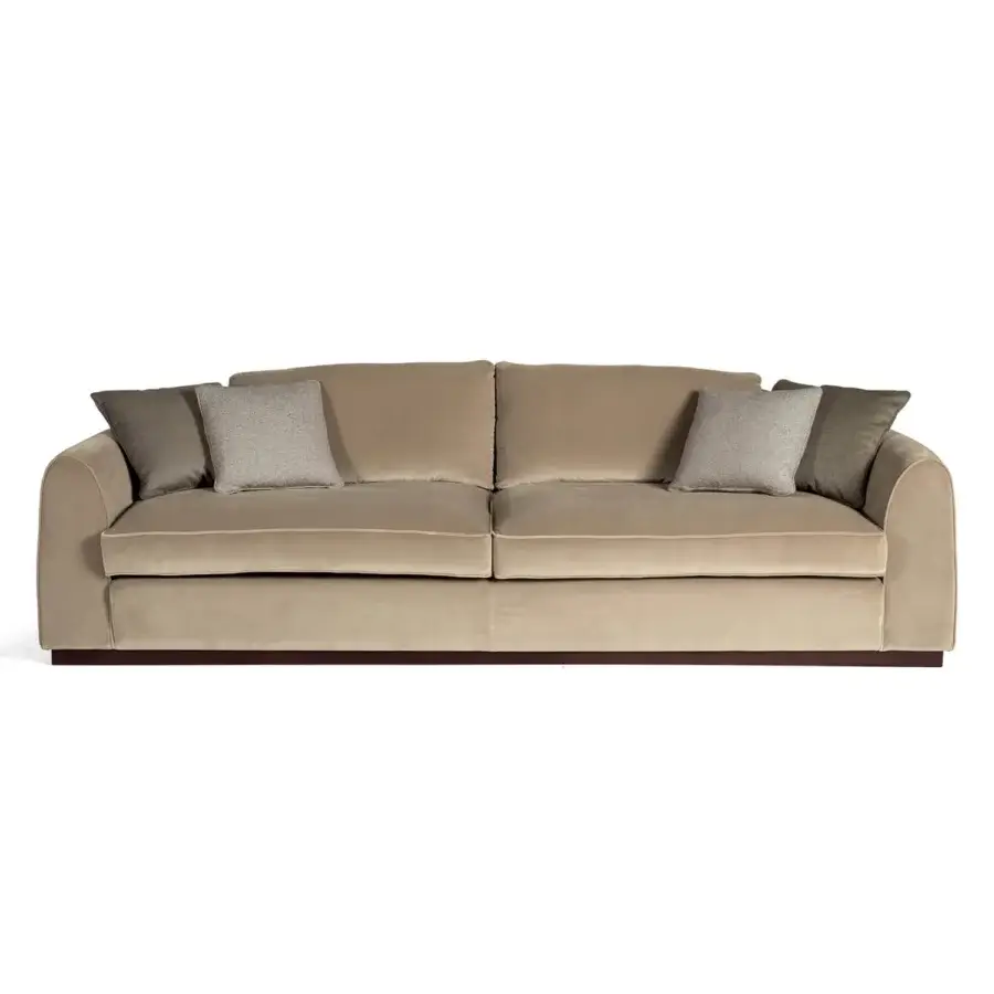 Exceptional Zanaboni Santiago sofa crafted in neutral beige textured textile with a mocha-stained wooden base and plush matte finish