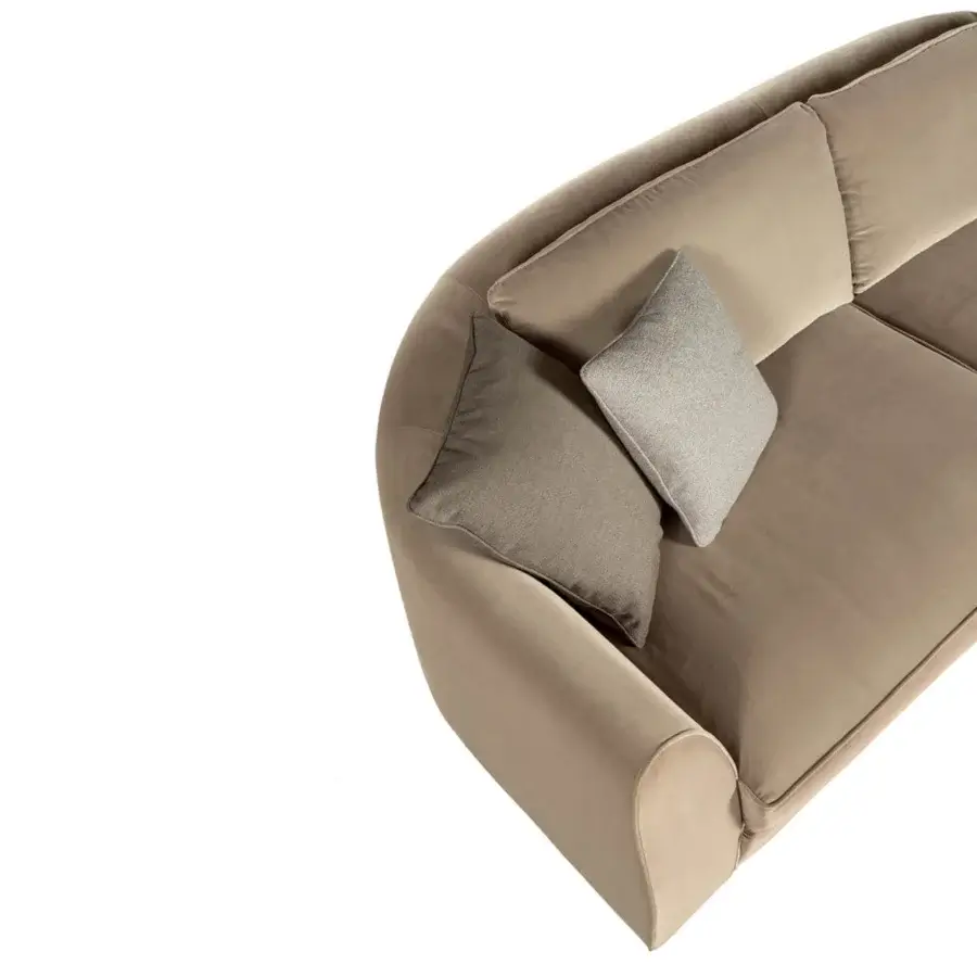 Elegant Zanaboni Santiago sofa built with a mocha-stained wooden base and muted beige textile with matte finish