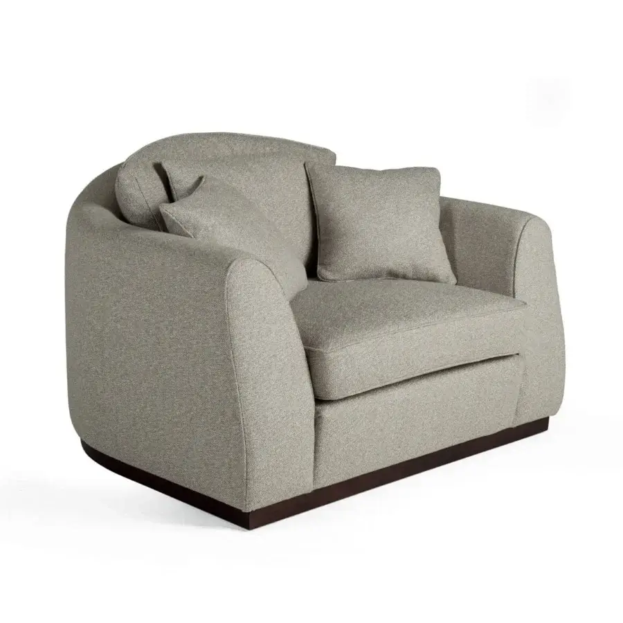 Handcrafted Zanaboni Santiago lounge chair built in light gray textured textile with mocha-stained wooden base