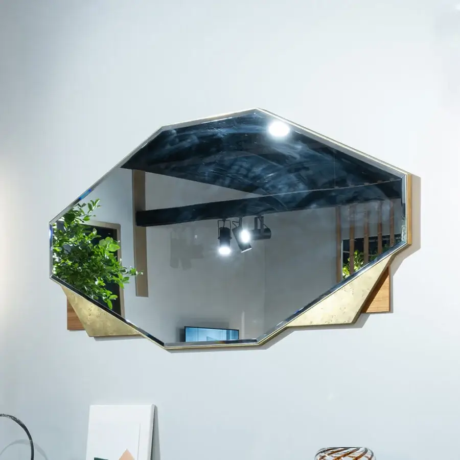 Distinguished Zanaboni Parade mirror crafted in Italy with glossy eucalyptus wood and clear reflective glass with brassy gold finish