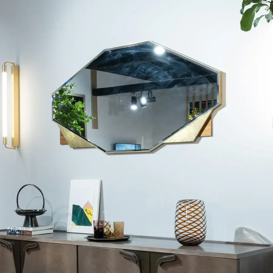 Exceptional Zanaboni Parade mirror crafted in Italy with glossy eucalyptus wood and warm golden finish