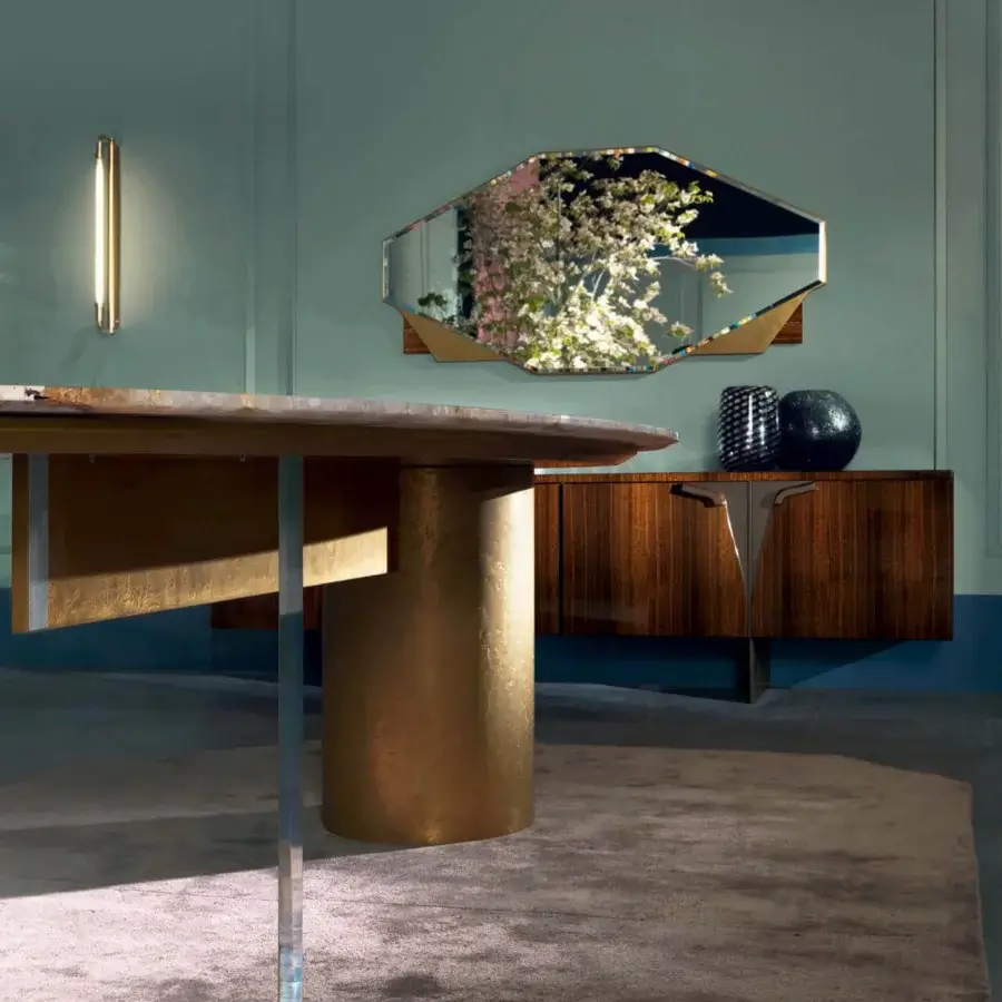 Exceptional Zanaboni Parade mirror handcrafted in Italy with glossy eucalyptus wood and irregular polygonal shape