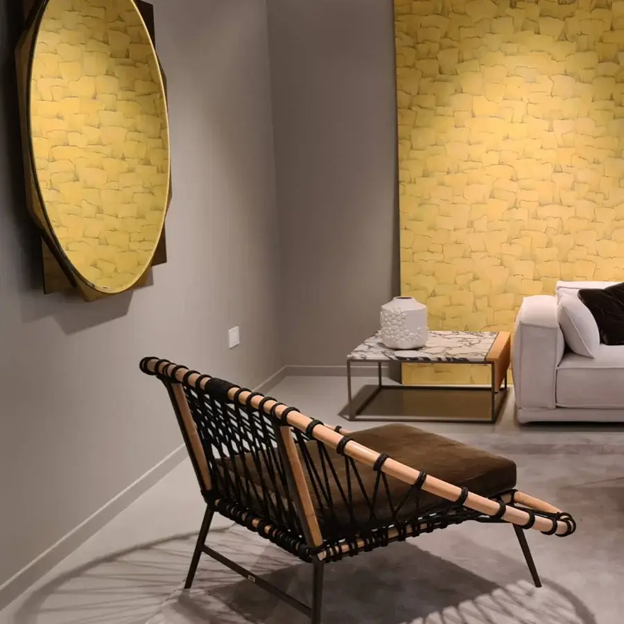 Distinguished Zanaboni Parade mirror crafted in Italy with glossy eucalyptus wood and golden-yellow textured detailing