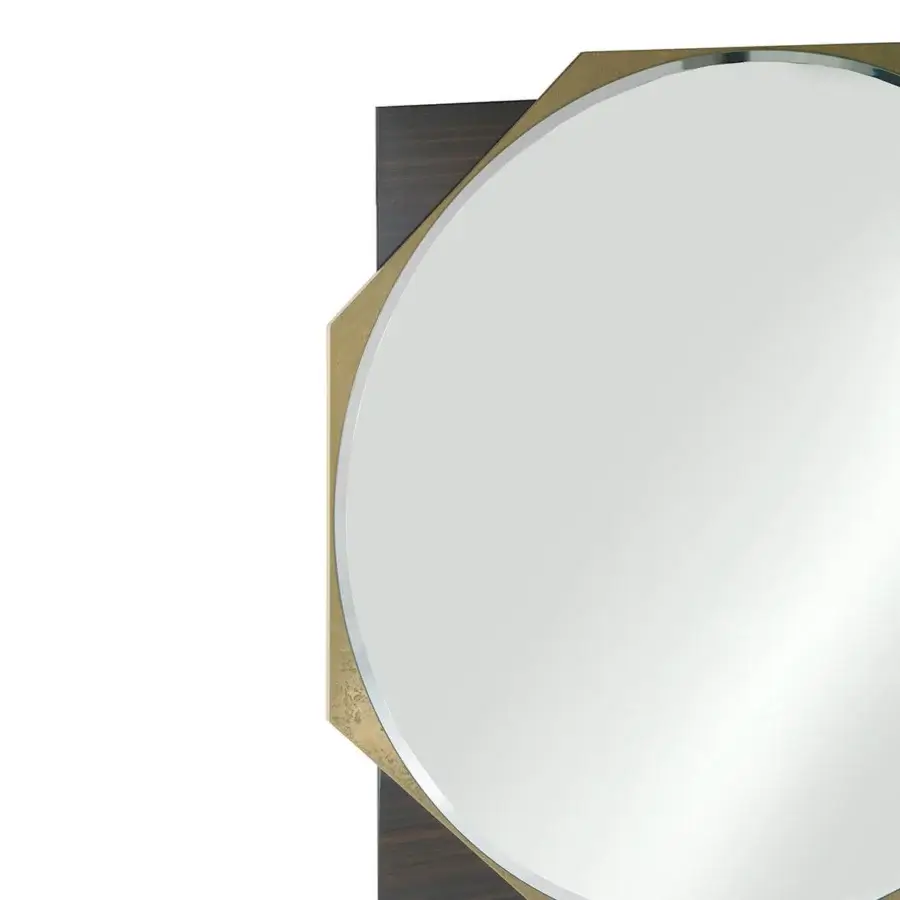 Distinguished Zanaboni Parade mirror crafted in gold-toned metal with dark, subtly-grained eucalyptus wood backing