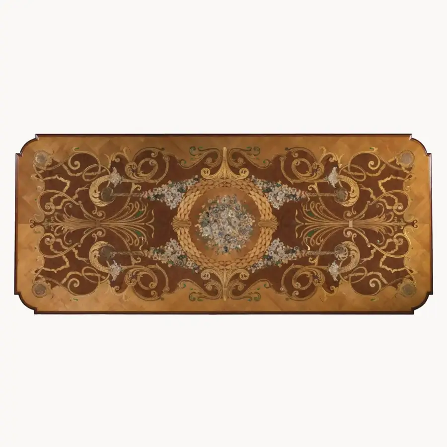 Exquisite Armando Rho A1359 table with walnut Persian burl, cherry wood marquetry, and precious malachite accents crafted in maple and brass