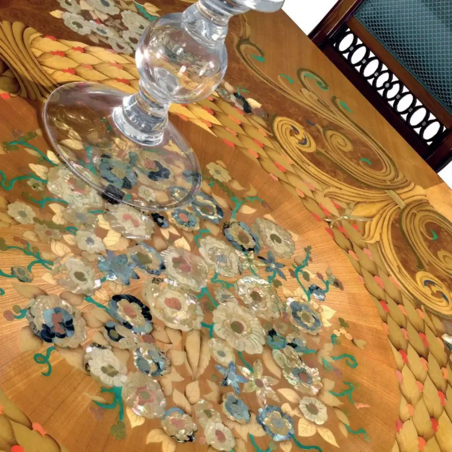 Distinguished Armando Rho A1359 table with walnut Persian burl, cherry wood and amaranth marquetry in glossy golden-brown finish