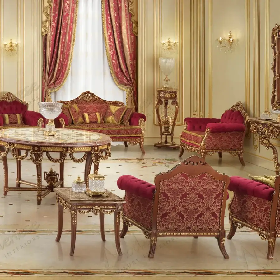 Exquisite Modenese Rubino Delight sofa draped in ruby-red damask with intricate gold embroidery and walnut gold leaf finish
