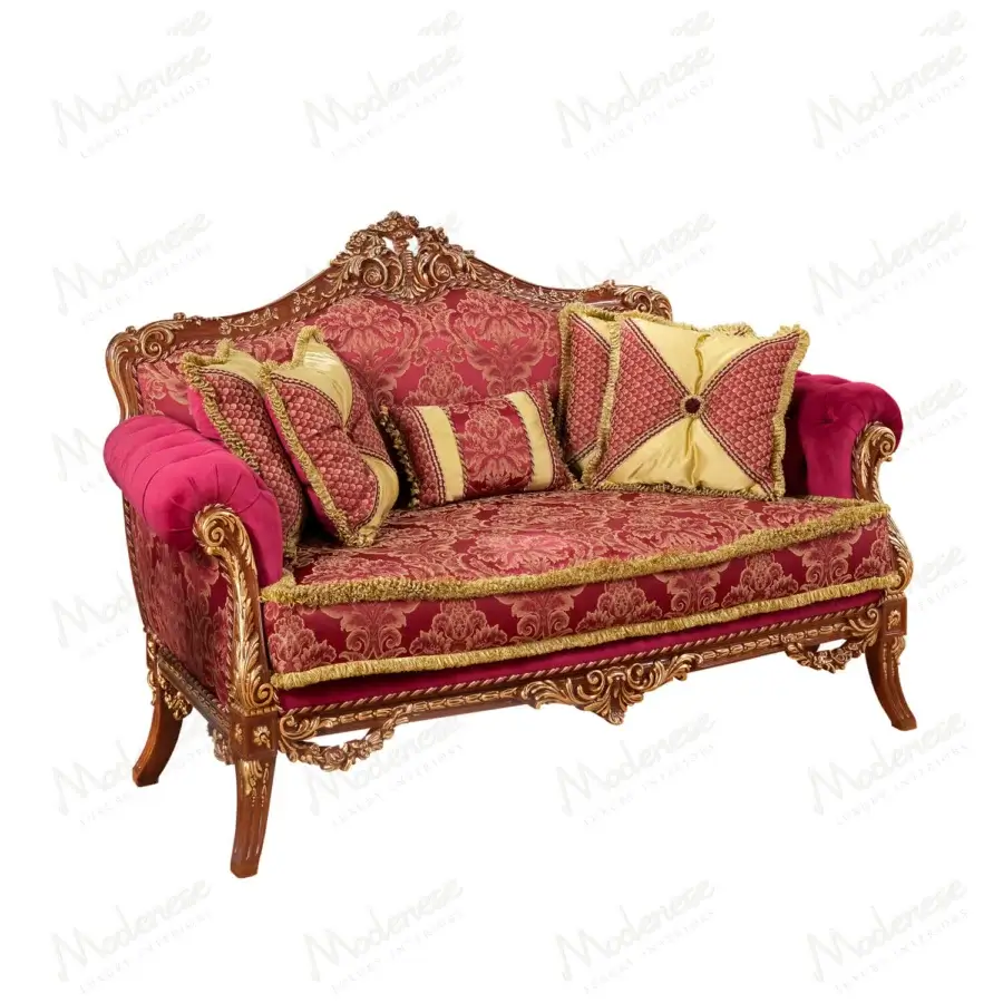 Lavish Modenese Rubino Delight sofa upholstered in ruby-red damask with intricate gold embroidery and walnut gold leaf finish