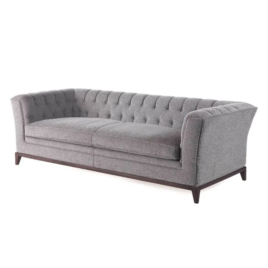 Exceptional Zanaboni Stark sofa crafted in Italy with light gray textured textile and dark brown finished wood base