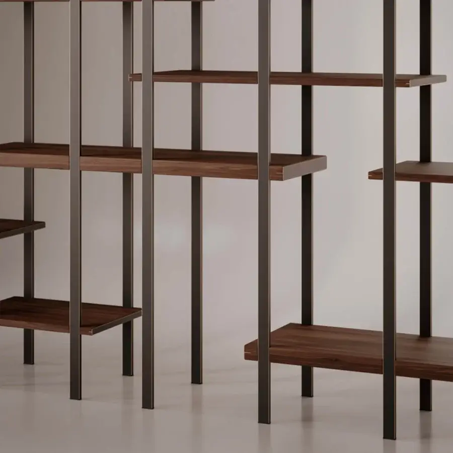 Exceptional VENICEM T-Line bookcase crafted in Canaletto walnut with dark burnished brass inserts and a satin finish