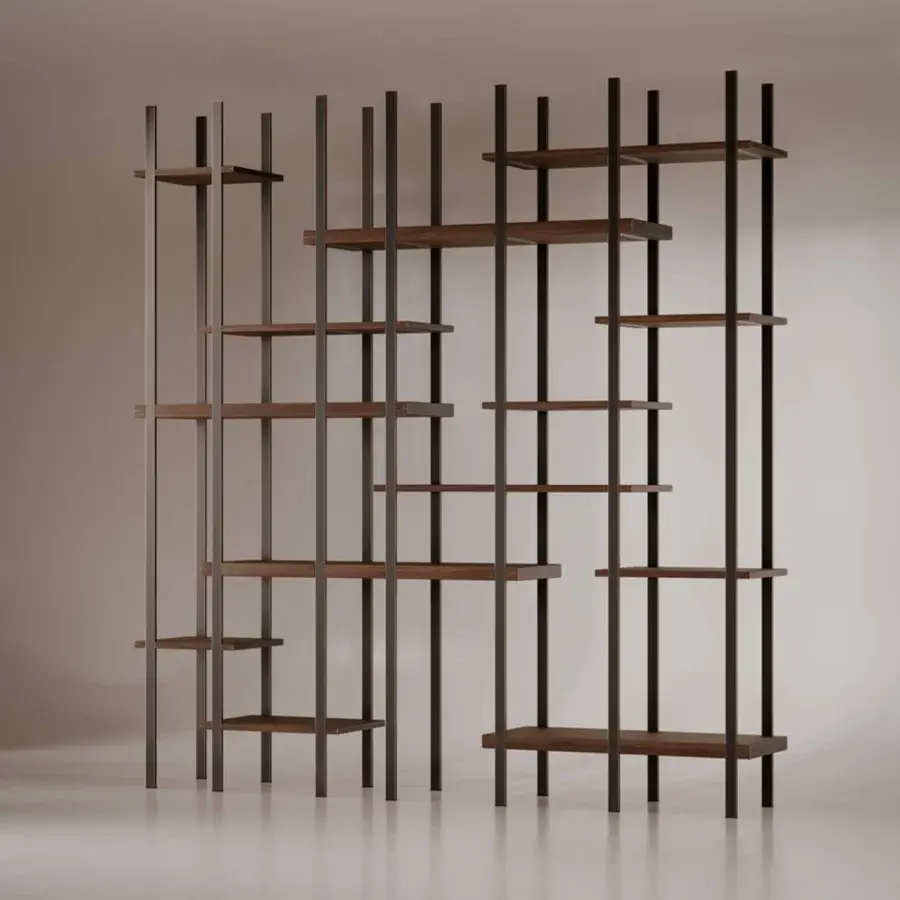 Superior VENICEM T-Line bookcase crafted in Canaletto walnut with dark burnished brass framework and subtle brass inserts