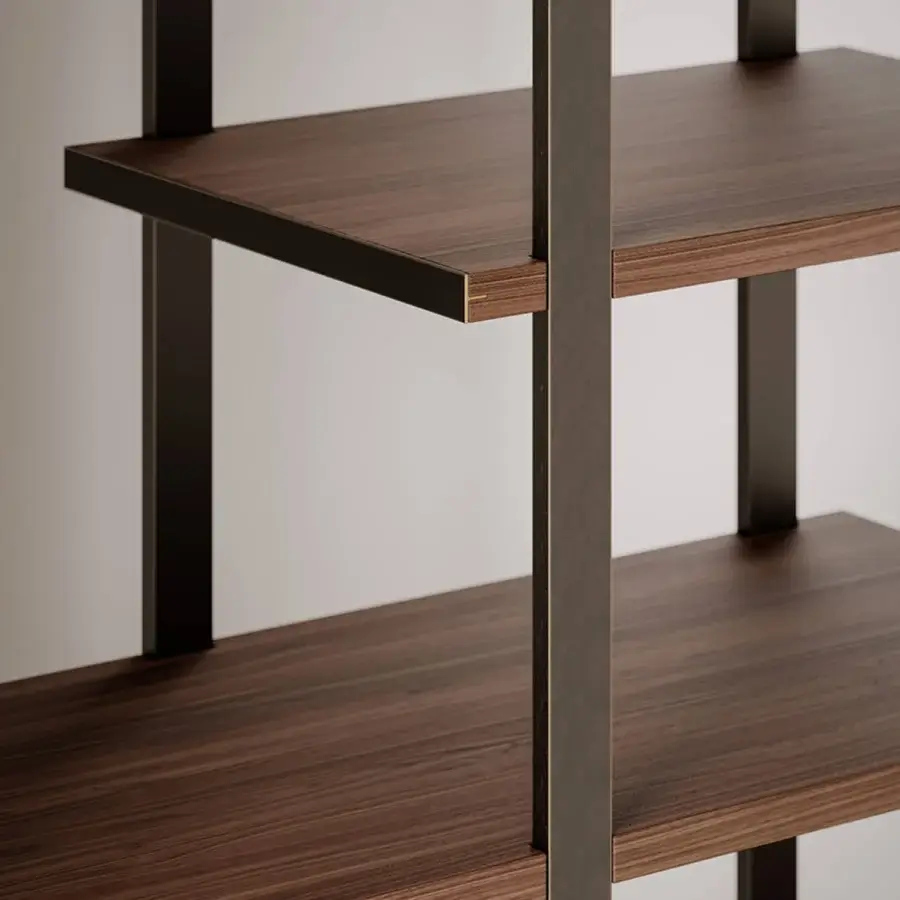 Elegant VENICEM T-Line bookcase crafted in Canaletto walnut with satin finish and dark burnished brass vertical rods