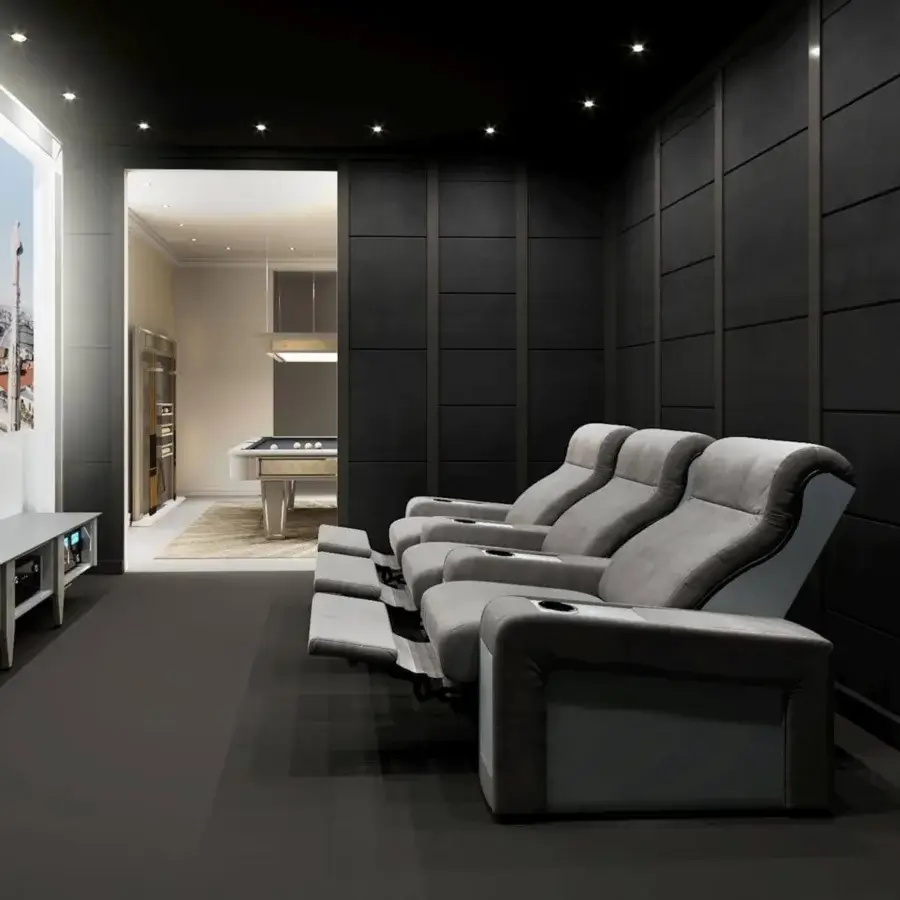 Distinguished Vismara Luxor home cinema seating in medium gray fabric with lacquered wood armrests and chrome steel cup holders