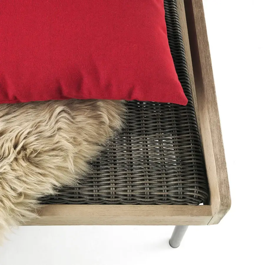 Exceptional Ethimo Allaperto lounge chair with dark woven seat and light-toned wood frame, complemented by a red cushion