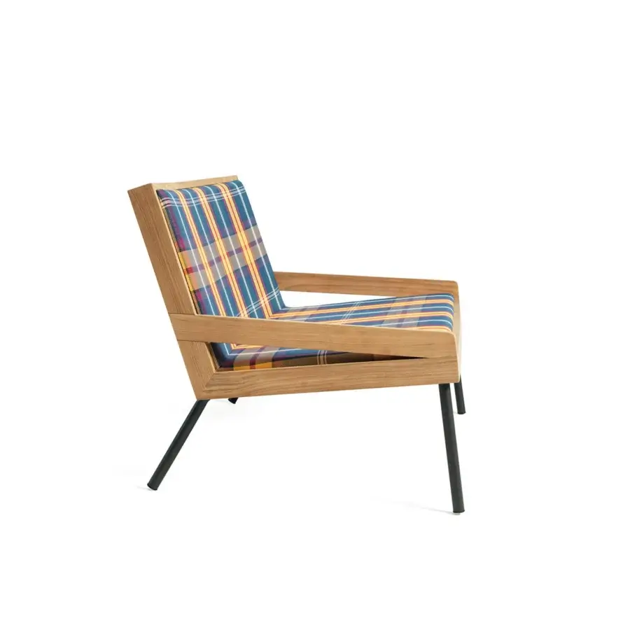 Distinguished Ethimo Allaperto lounge chair with vibrant blue, yellow, and white plaid textile and satin-finished wood frame