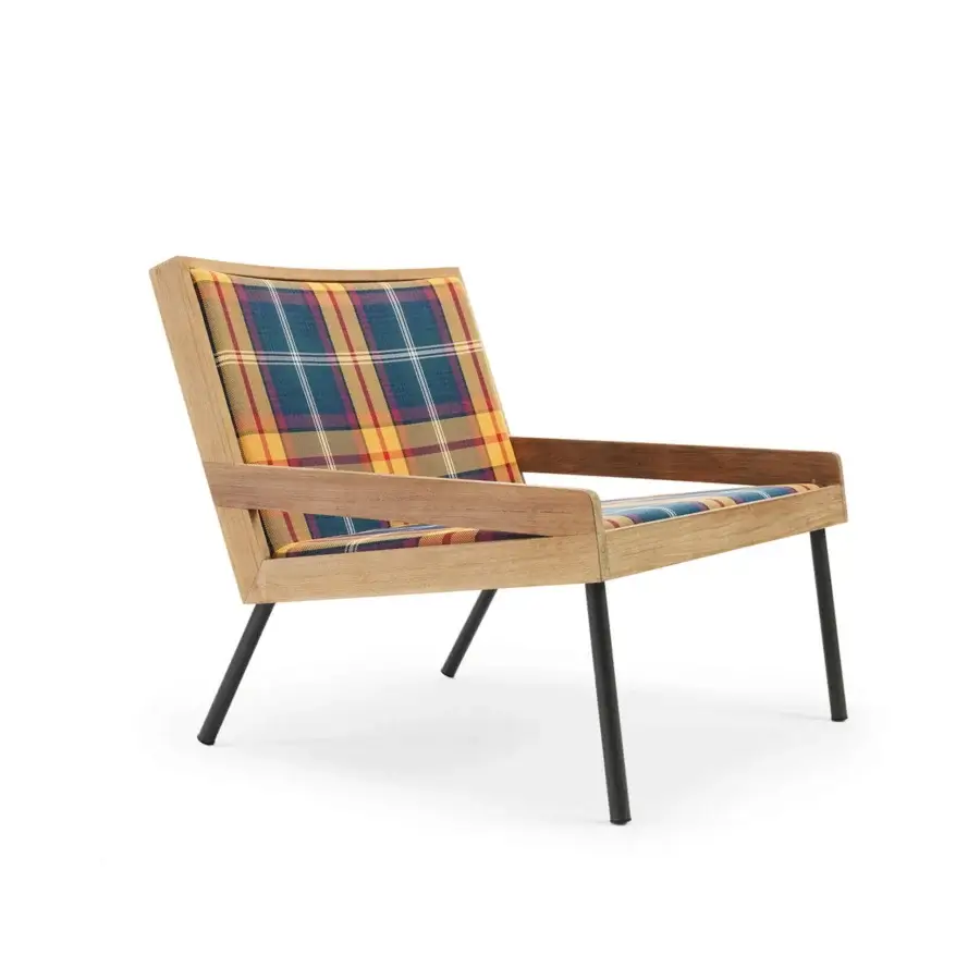 Exceptional Ethimo Allaperto lounge chair crafted in Italy with satin-finished wood and striking blue, yellow, and red plaid upholstery