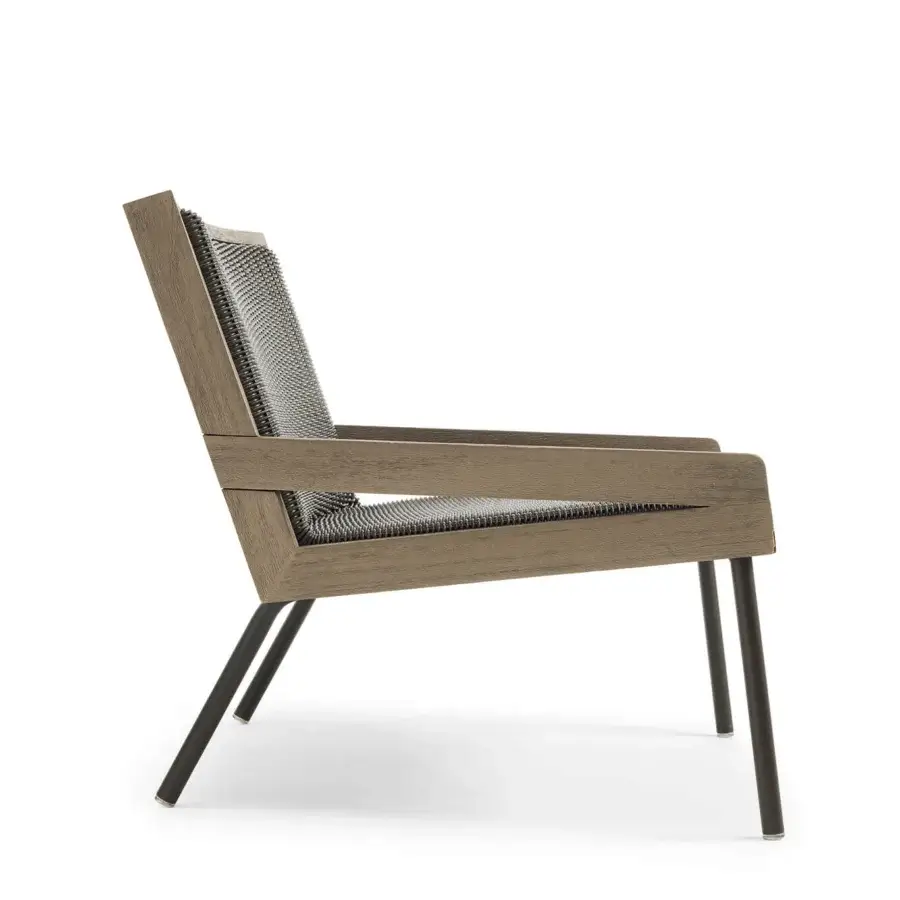 Elegant Ethimo Allaperto lounge chair crafted in Italy with a matte wood frame and dark gray woven textile