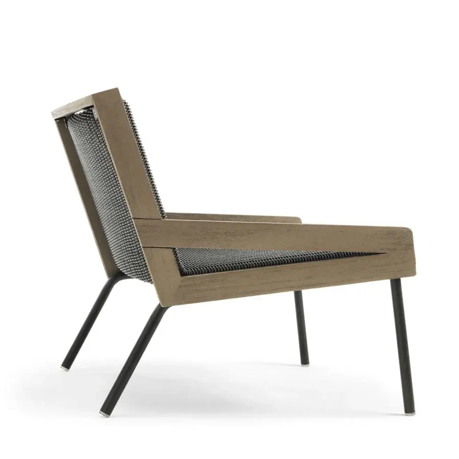 Distinguished Ethimo Allaperto lounge chair with a warm wood frame and dark gray woven textile in a matte finish