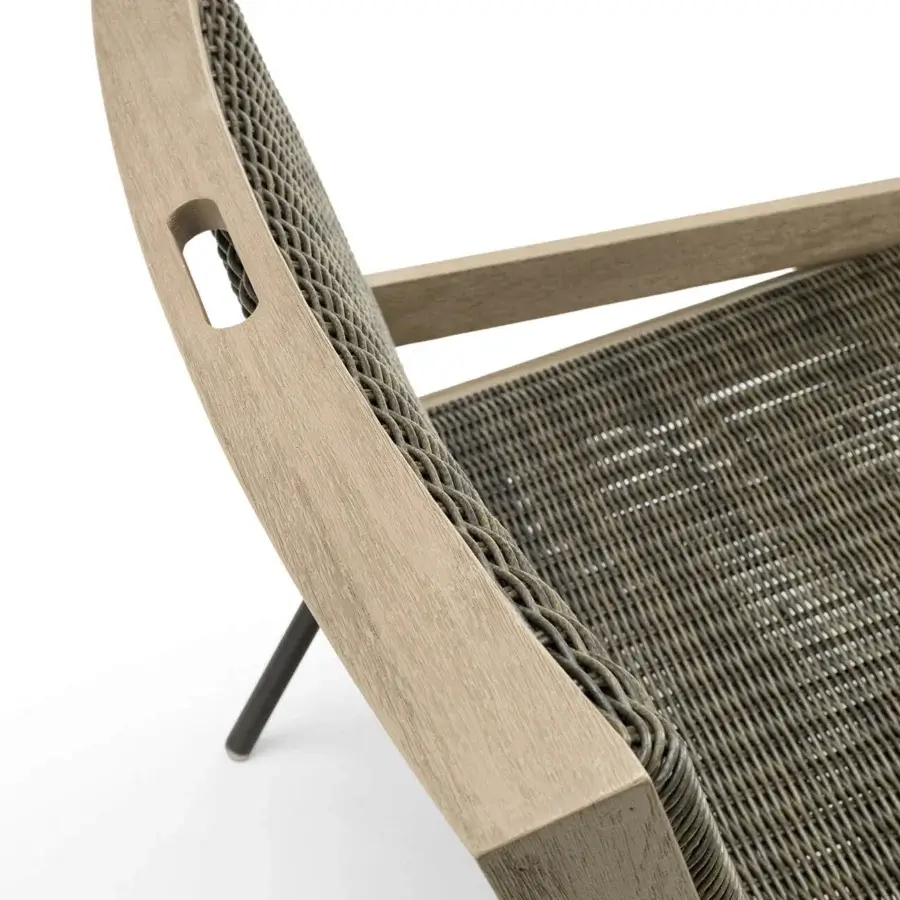 Sophisticated Ethimo Allaperto lounge chair in light gray-beige with a satin-finish wood frame and woven textile seat