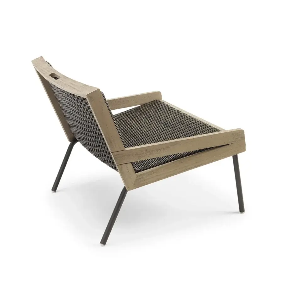 Elegant Ethimo Allaperto lounge chair with a light-toned wood frame and dark gray woven textile construction