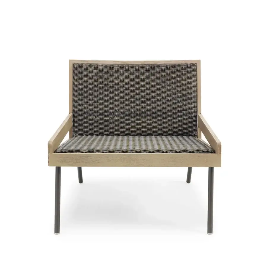 Distinguished Ethimo Allaperto lounge chair crafted with light-toned wood and dark gray woven synthetic material for relaxed outdoor living