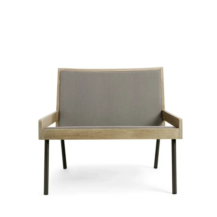 Superior Ethimo Allaperto lounge chair with light-toned wood frame and subtly textured gray textile with matte finish