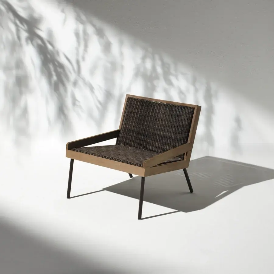 Exceptional Ethimo Allaperto lounge chair in warm brown with satin-finish wood and durable dark textile weaving